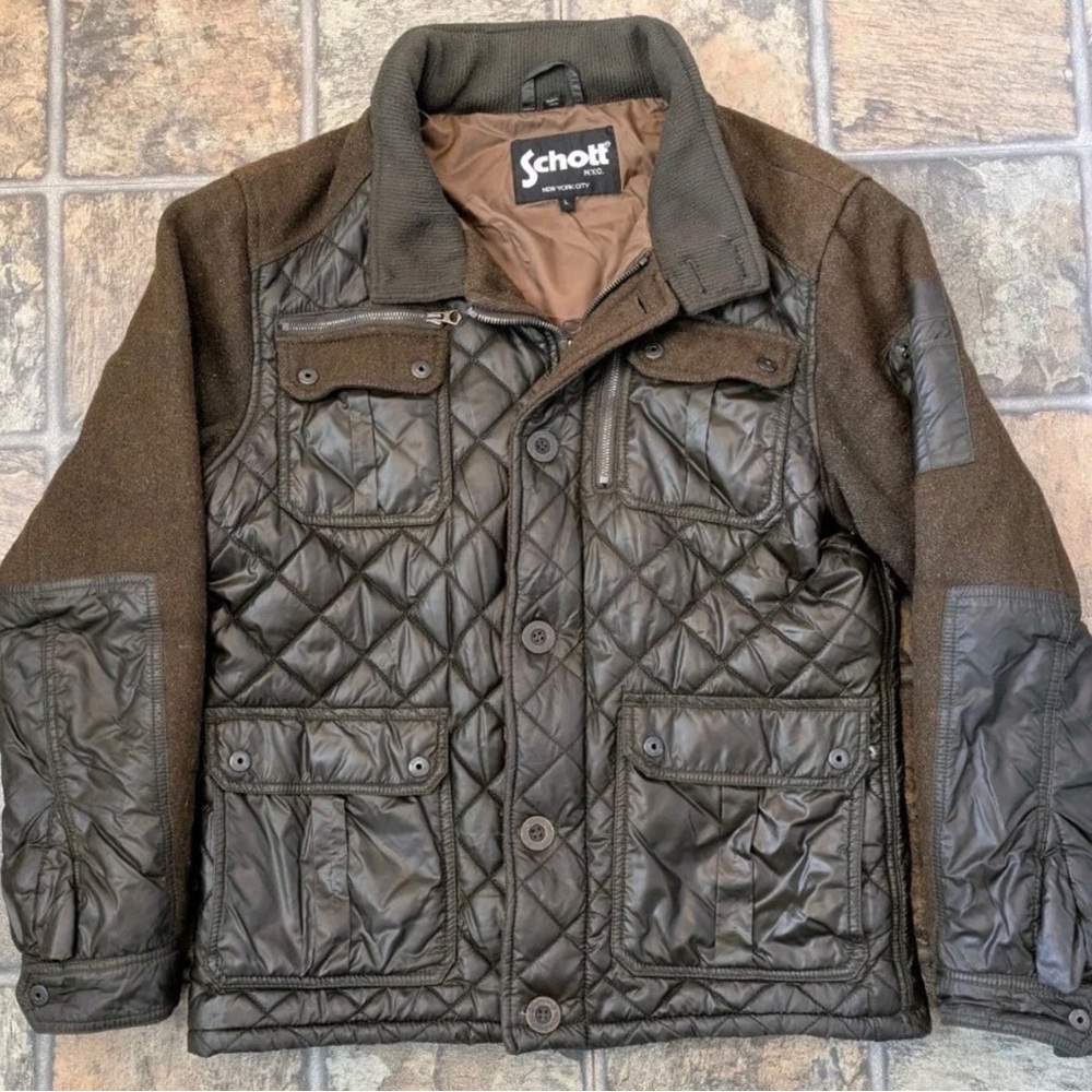 Schott NYC Olive/Brown Quilted Military Field Jacket